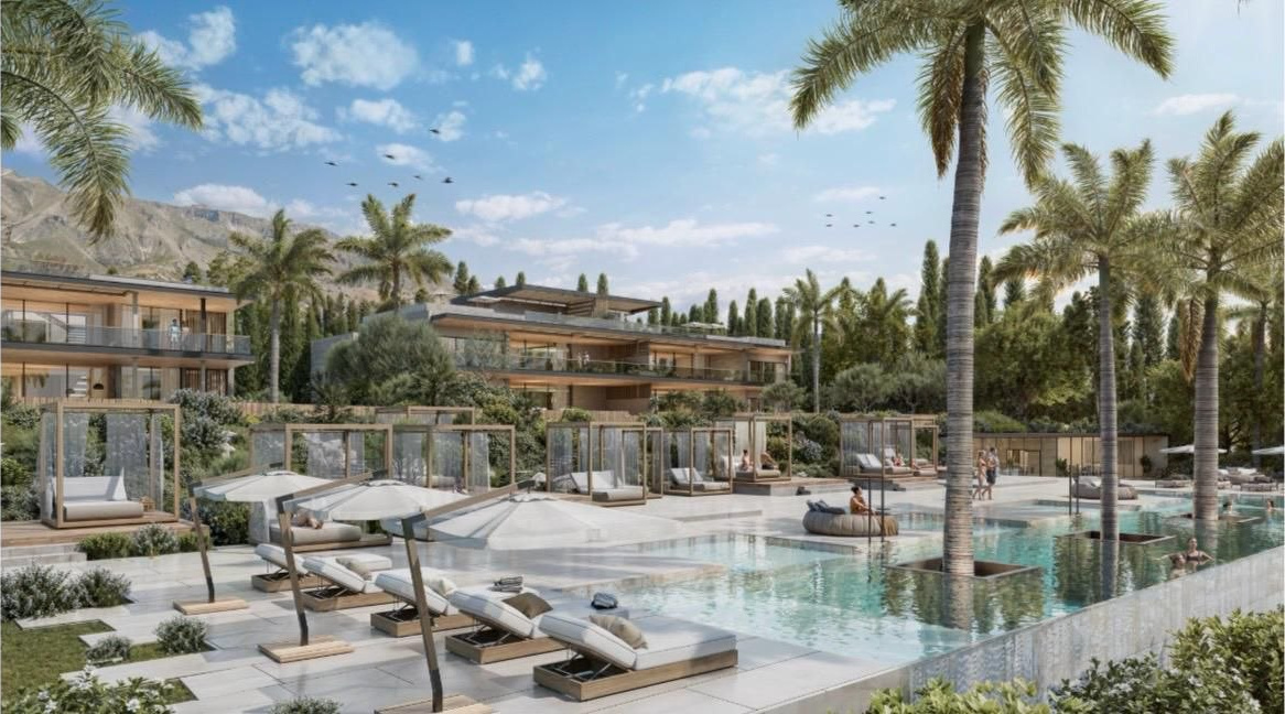 Armani Residences resort pool area with palm trees