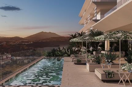 Design Hills pool terrace with mountain views